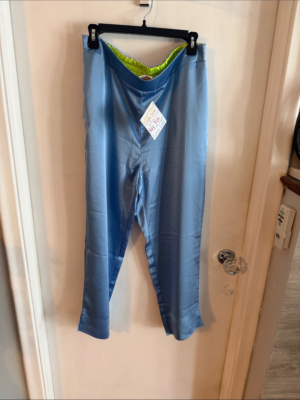Gretchen Scott Light Blue Satin-Look Pants with Lime Waistband